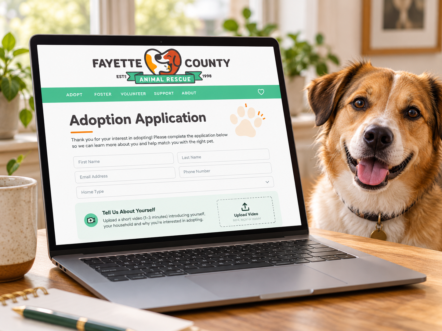 Adoption application concept on a laptop beside a dog