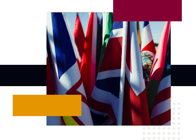 International flags with colorful geometric accents
