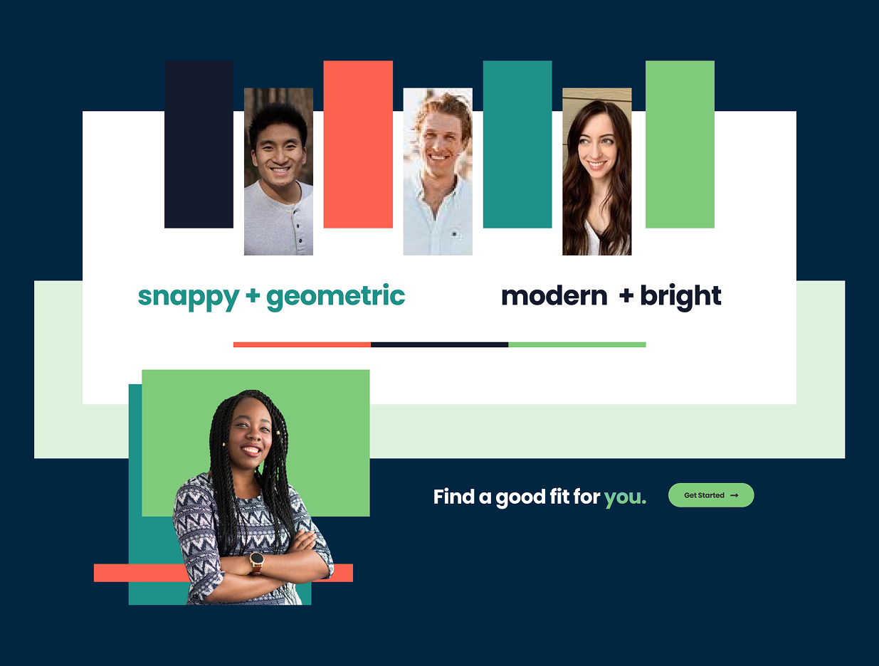 RailsDevs visual direction: bright colors, geometric shapes, and developer portraits