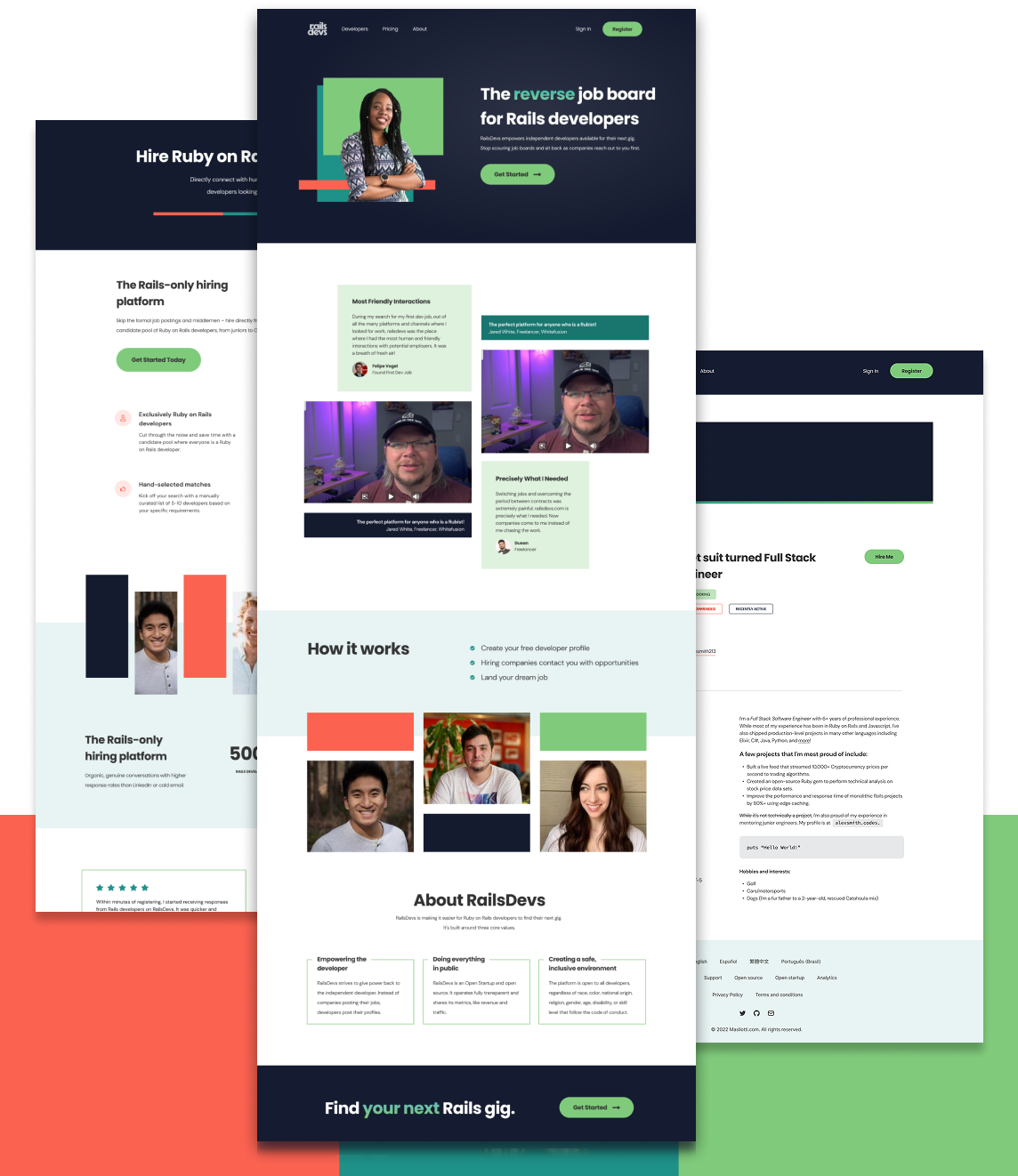 RailsDevs landing page, hiring page, and developer profile designs